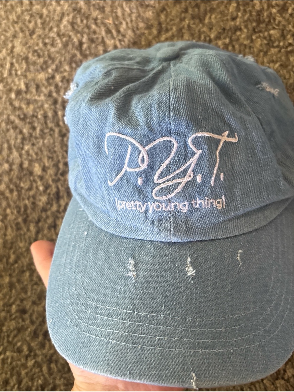 P.Y.T. "pretty young thing" Embroidered Distressed Baseball Cap - Light Blue